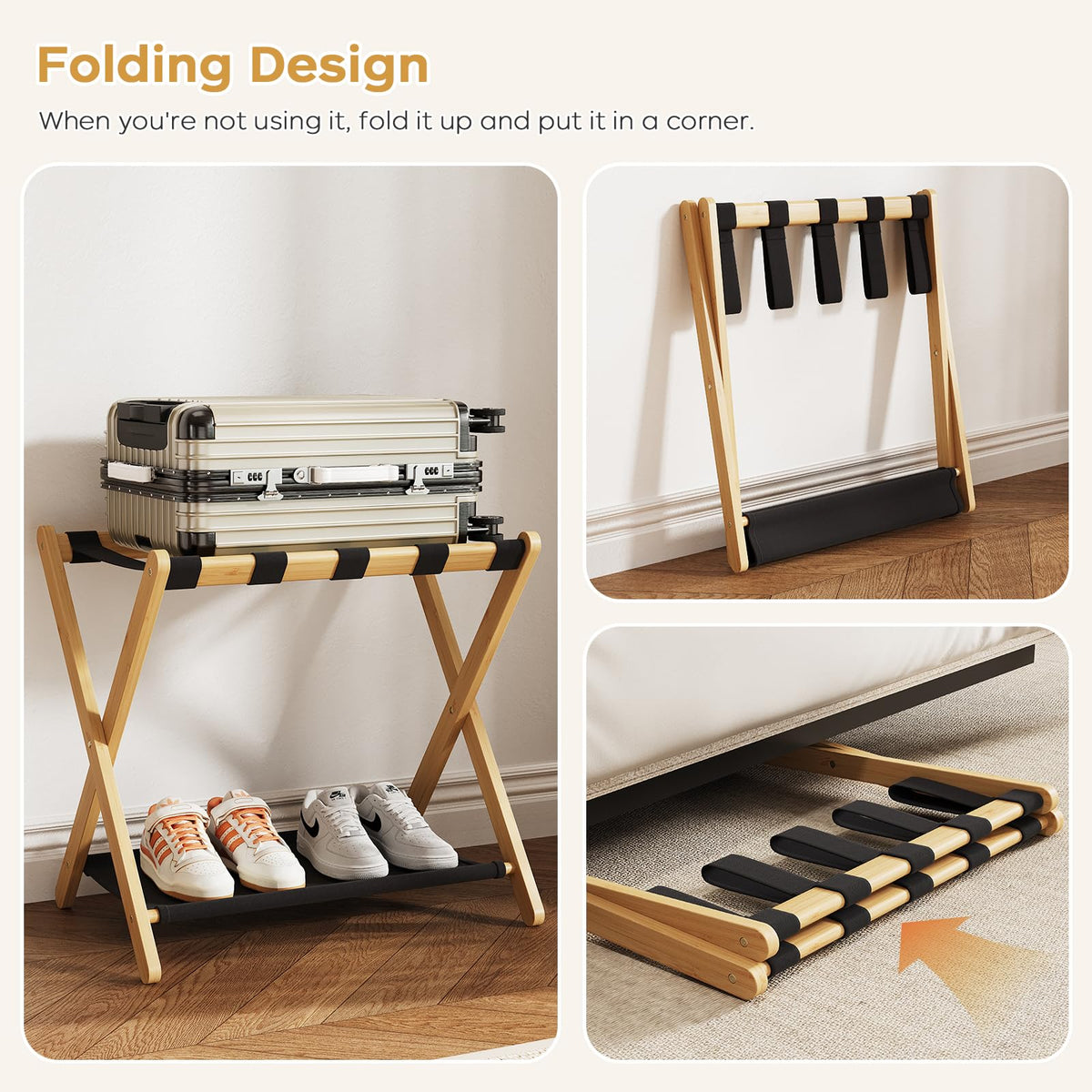 oakvivo luggage stand with 5 nylon straps for stability.