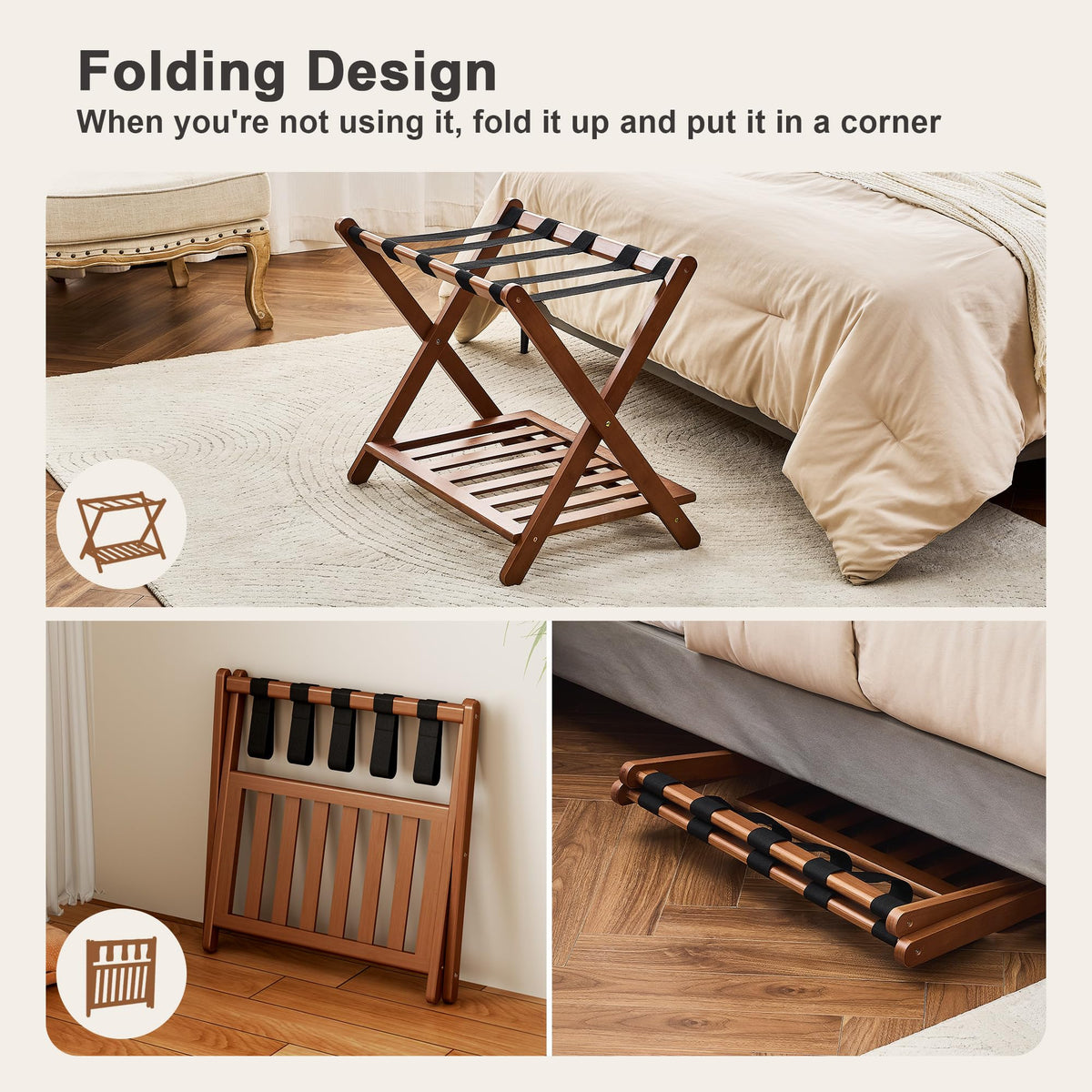 oakvivo walnut luggage rack in bedroom for hotel-like guest comfort