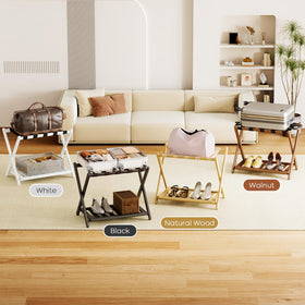 Oakvora dual-level storage increases space for bags and accessories.