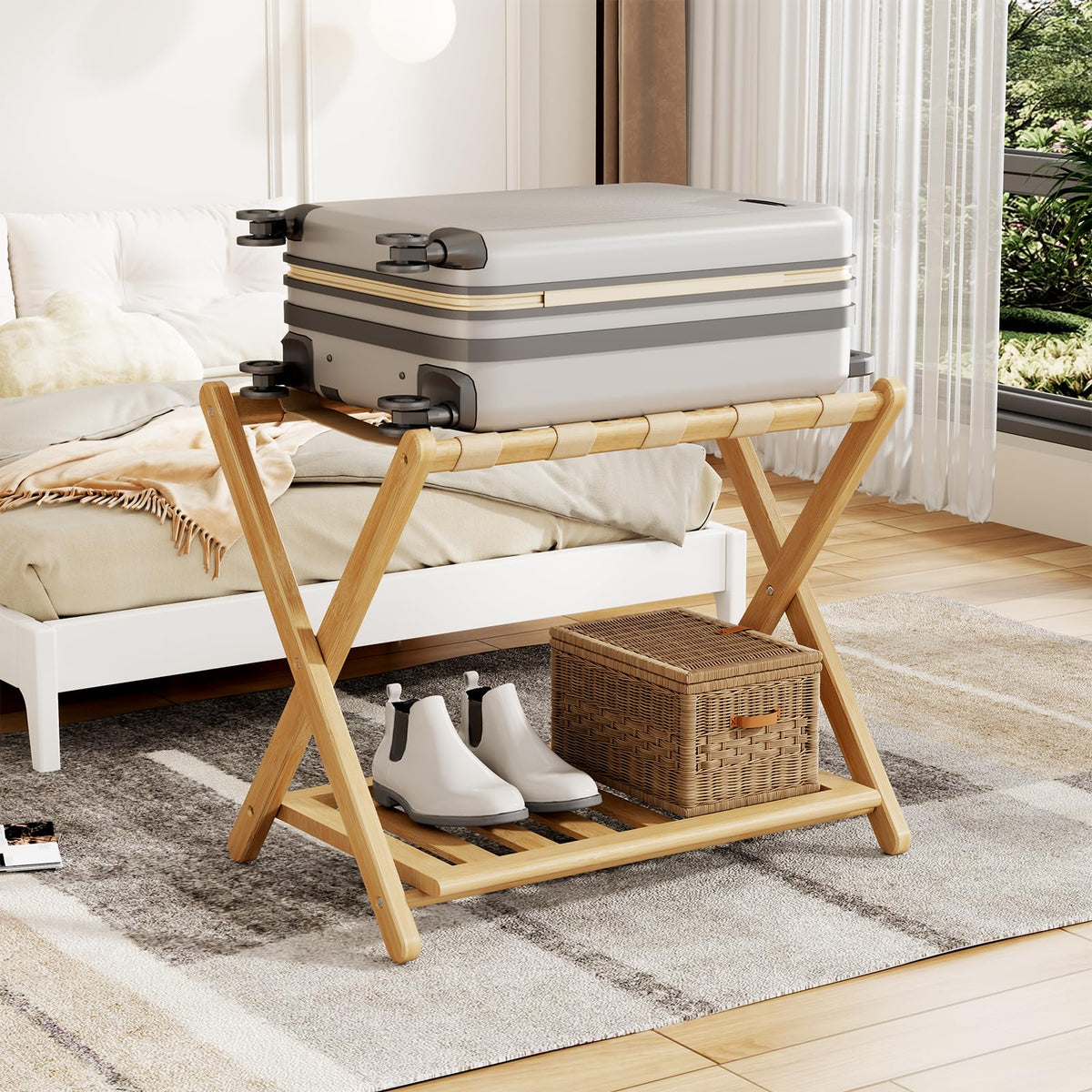 Oakvora luggage rack fully assembled for instant guest-room setup.