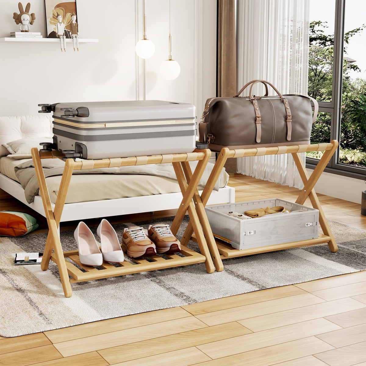 Oakvora luggage rack fully assembled for immediate use in hotel or guest room.