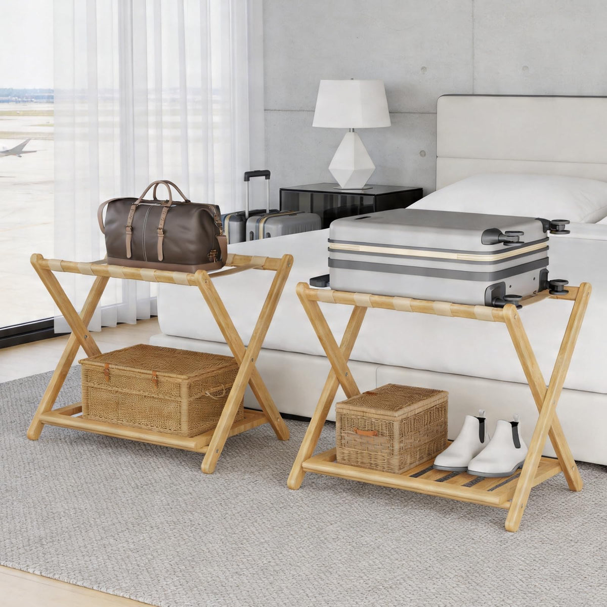 Oakvora two-tier storage keeps suitcases, shoes, and travel accessories organized.