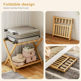 Oakvora luggage rack includes a shoe shelf to keep travel gear organized.