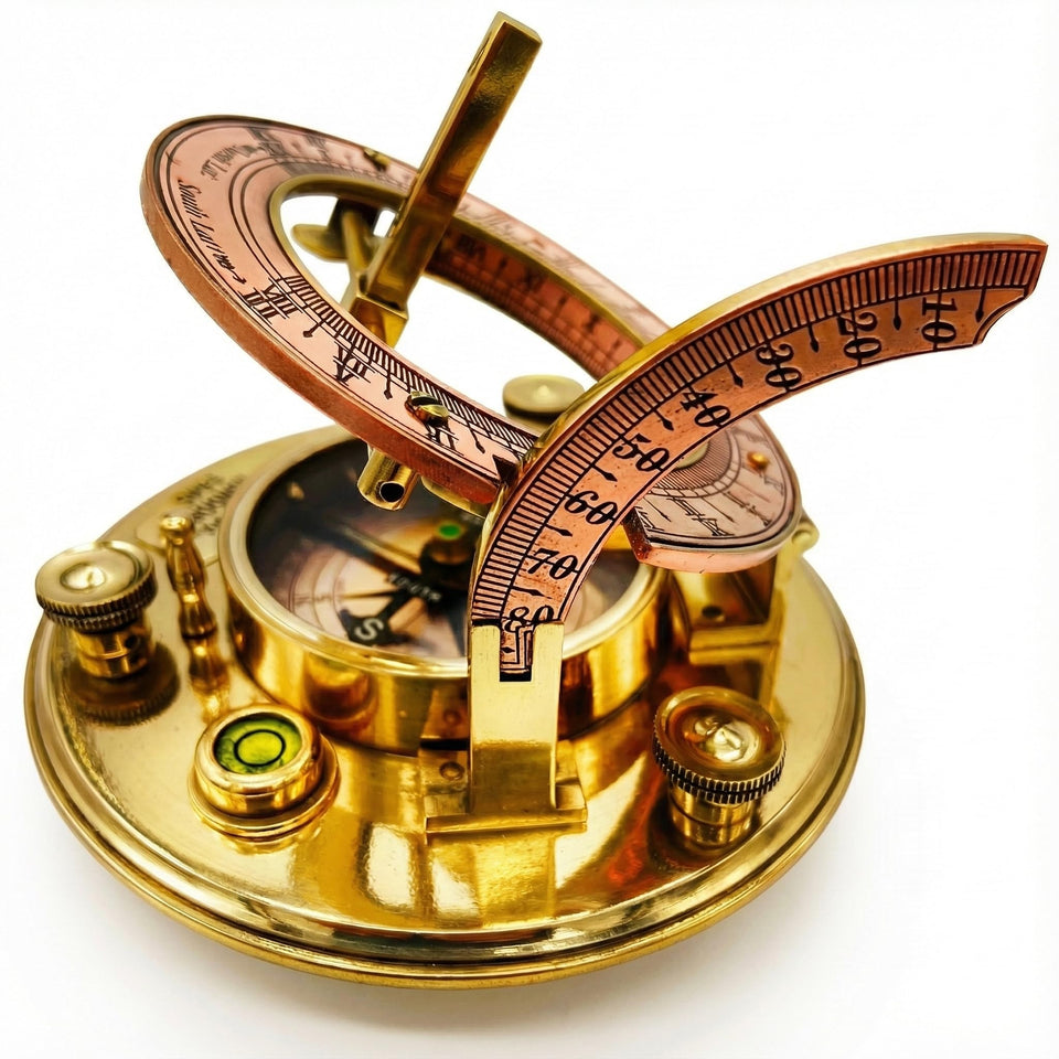 OakWay brass sundial compass in leather case front view