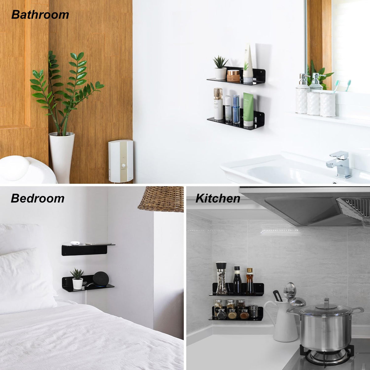 OAPRIRE adhesive wall shelf in bathroom shows damage-free installation.