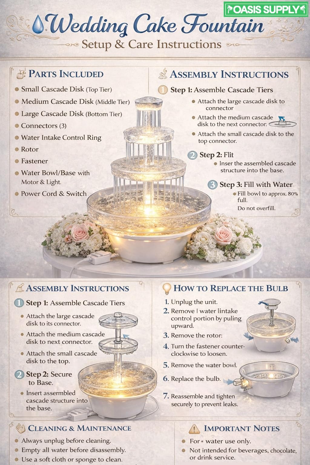 Oasis Supply 3-tier cascade disks deliver flowing motion for elegant cake displays