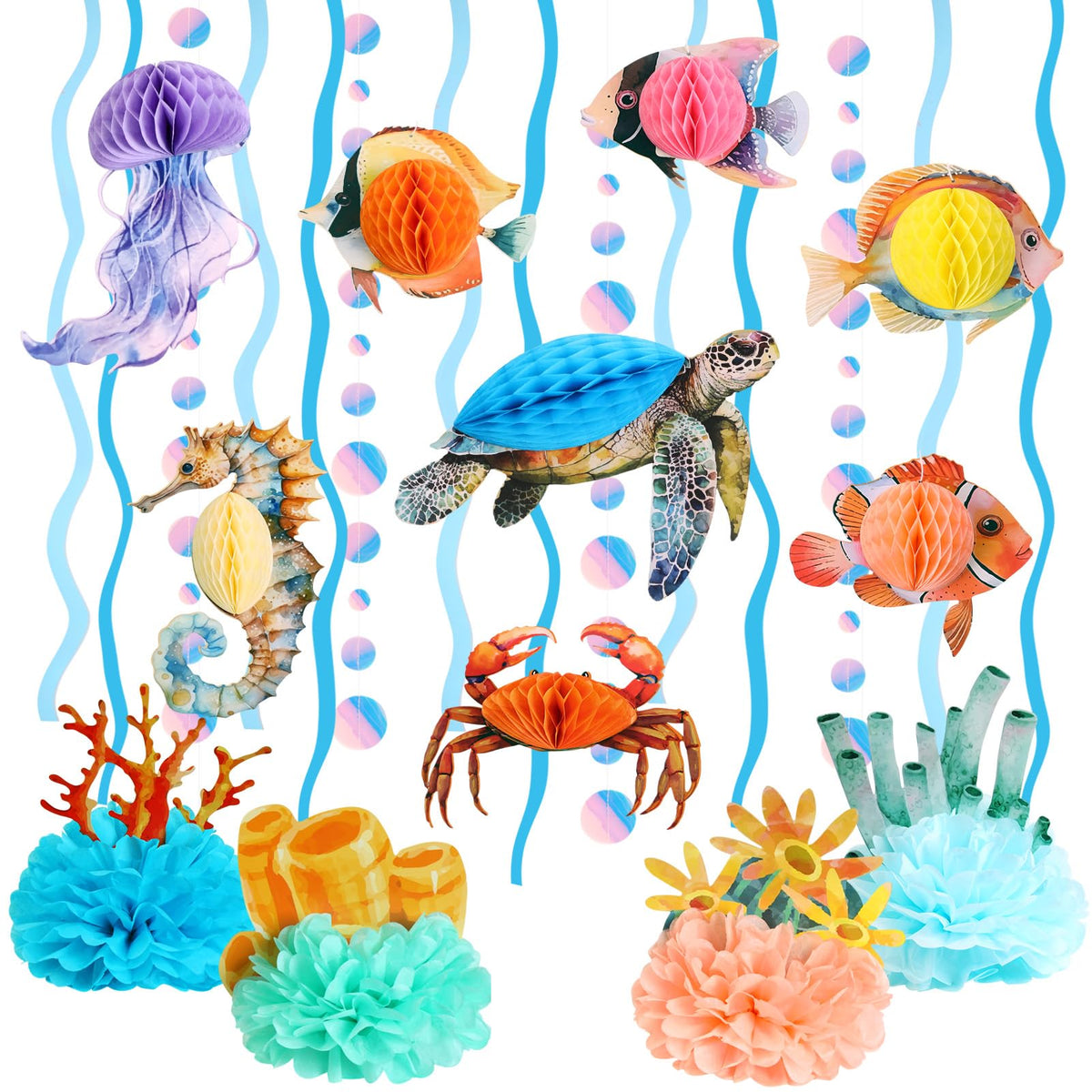 OBBOLO Under the Sea hanging honeycombs with ocean animals for quick party decor