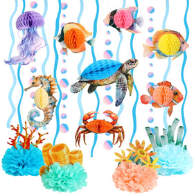 OBBOLO Under the Sea hanging honeycombs with ocean animals for quick party decor