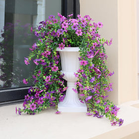 Obmnor artificial hanging flowers outdoors with double purple blooms provide year-round color.