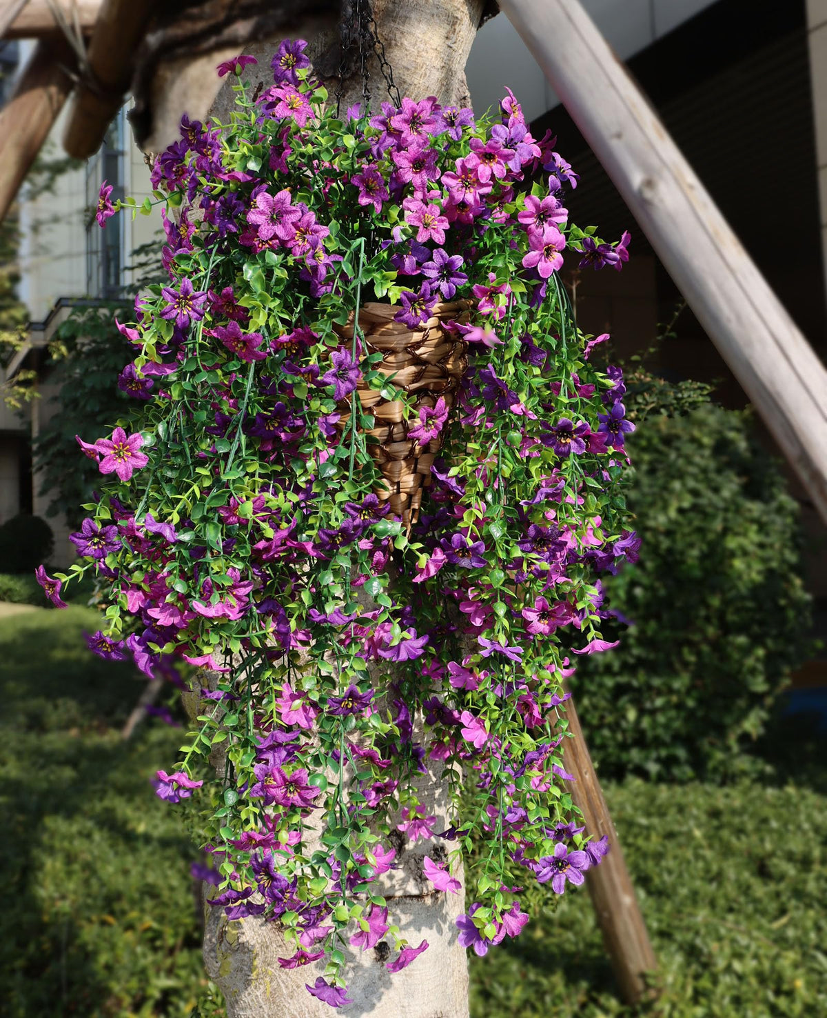 Obmnor four-pack hanging flowers; pots and hooks not included for versatile outdoor use.