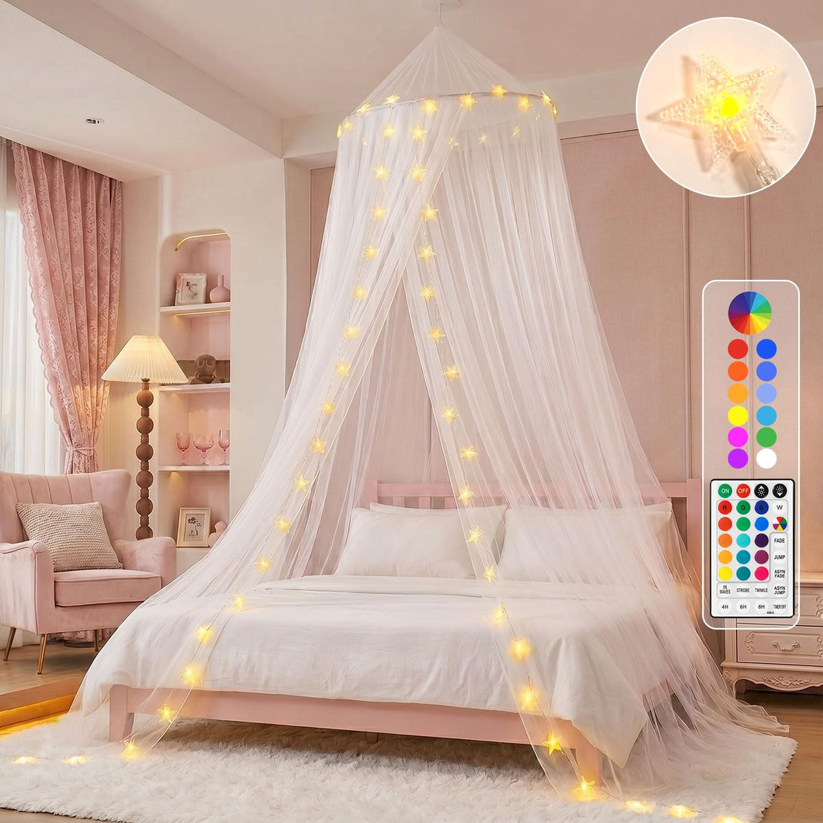 Obrecis bed canopy with pink LED stars creates a princess vibe for bedtime.