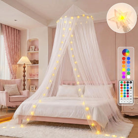 Obrecis bed canopy with pink LED stars creates a princess vibe for bedtime.