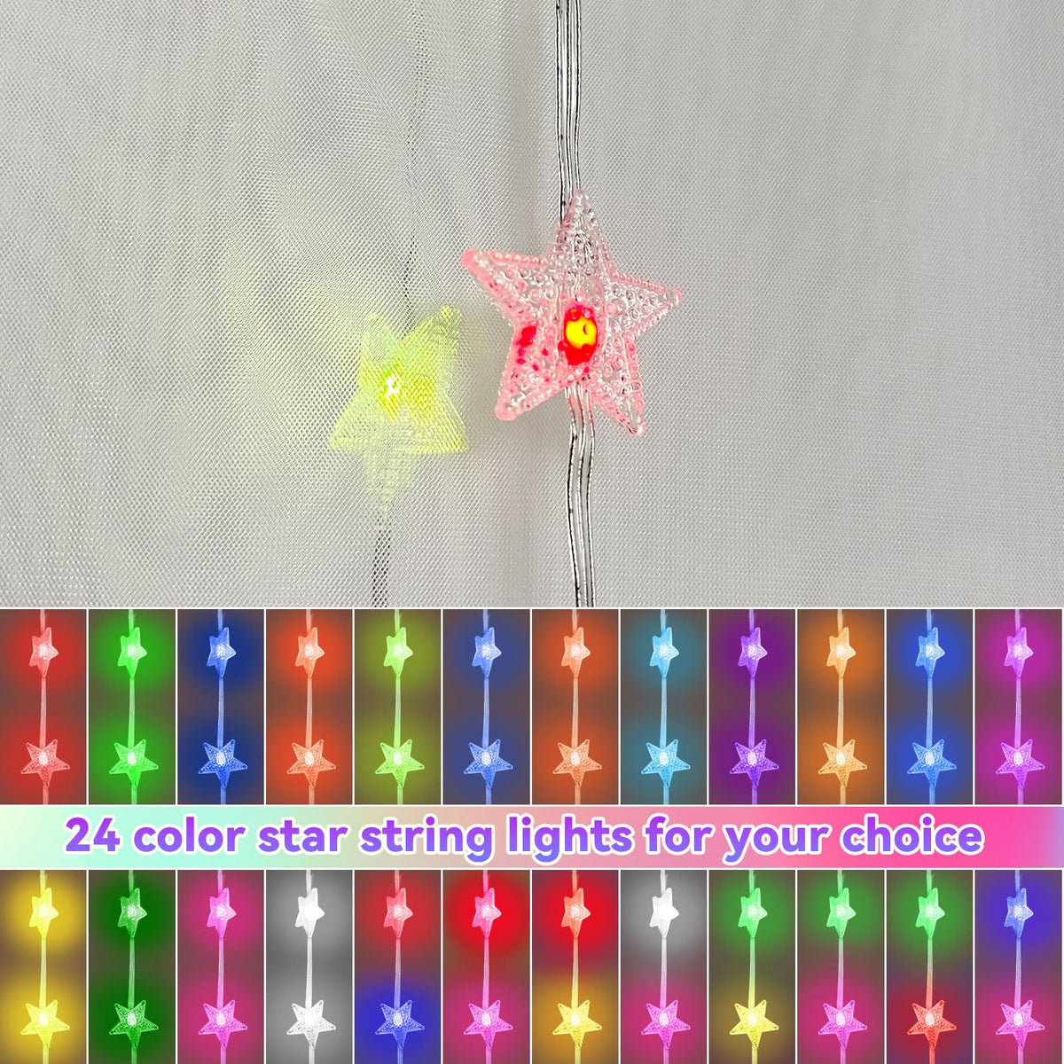 Obrecis bed canopy with white LED stars for a gentle night glow.