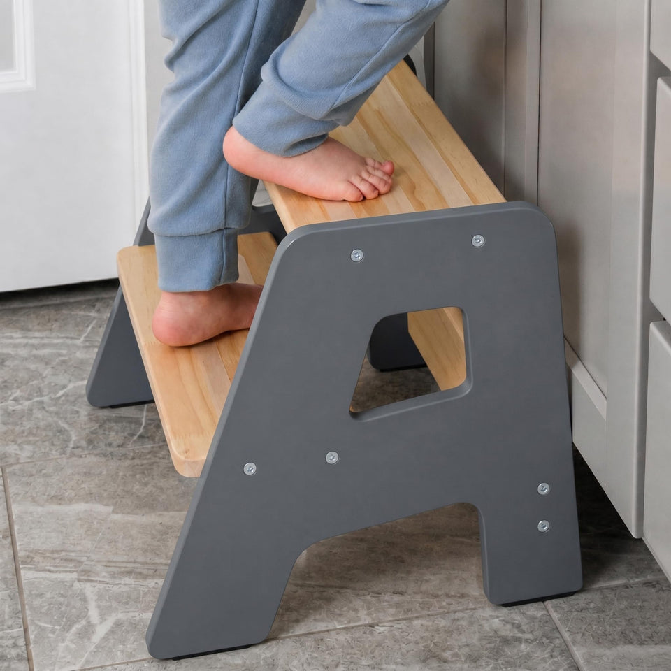 OCODILE 2-step stool in gray wood for safe bathroom or kitchen use.