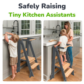 OCODILE gray folding kitchen tower supports toddler independence