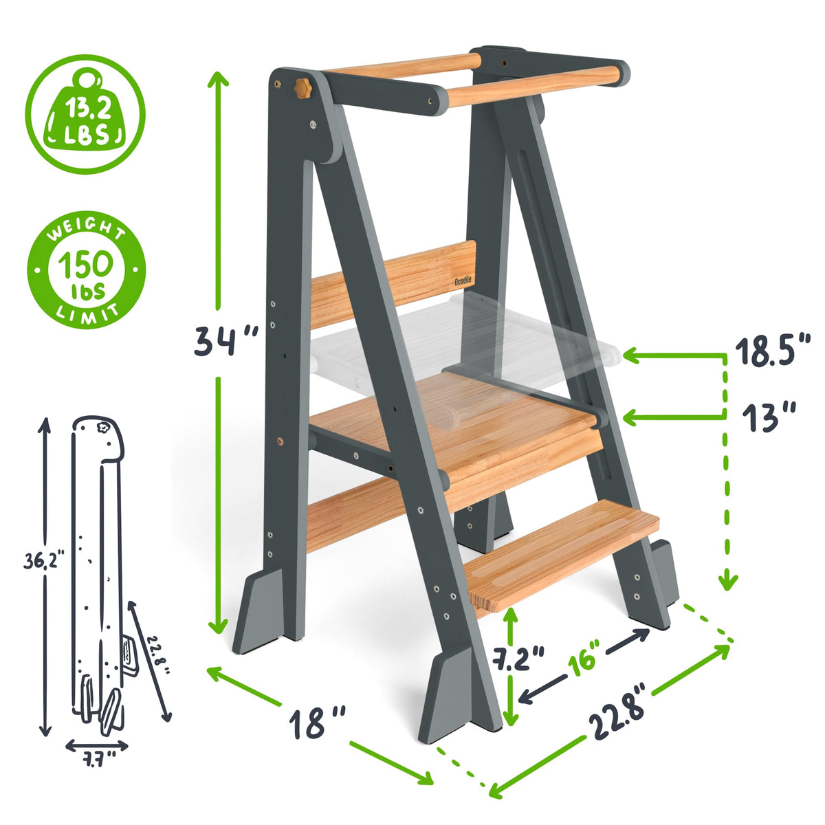 OCODILE toddler kitchen step stool with folding design and anti slip strips