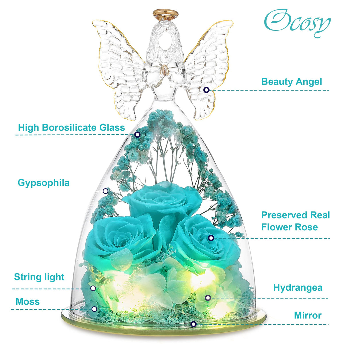 Ocosy angel figurine with rose inside, vivid centerpiece for gifting