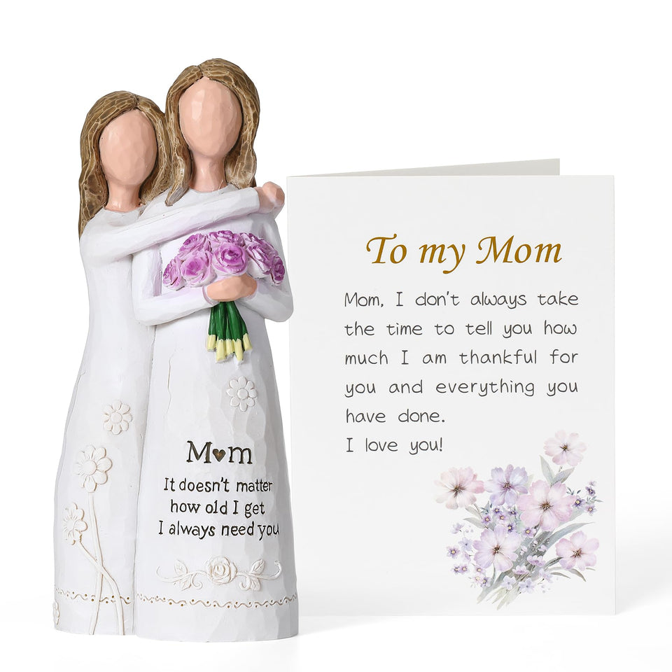 Ocosy Mom-Daughter figurine front view shows hand-painted bouquet for warm home decor