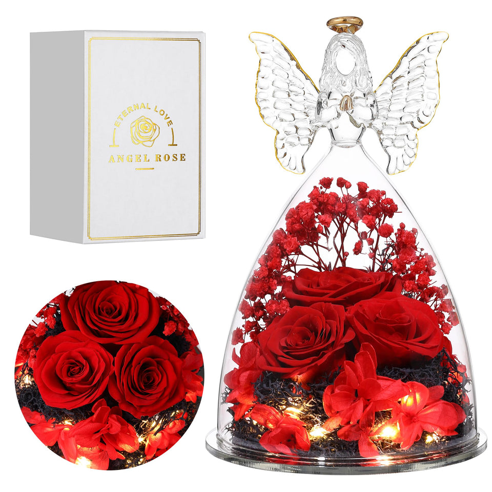 Ocosy large angel rose gift with preserved real rose centerpiece.