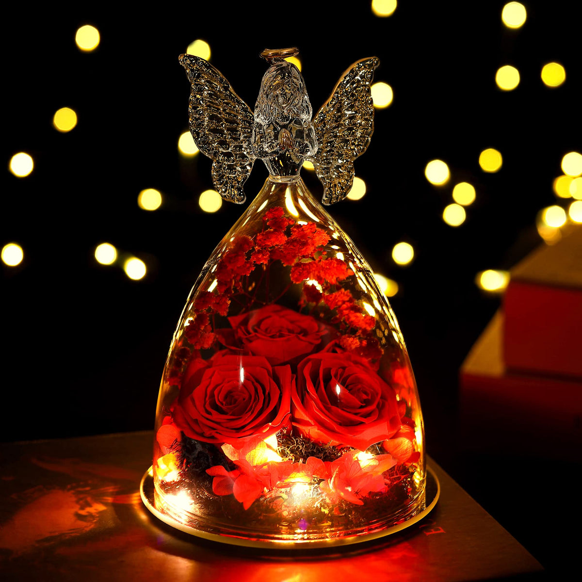 Ocosy real preserved rose with angel figurine for keepsake.