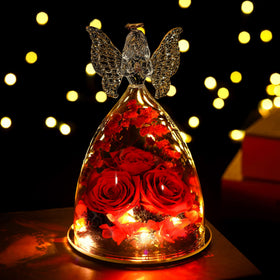 Ocosy real preserved rose with angel figurine for keepsake.