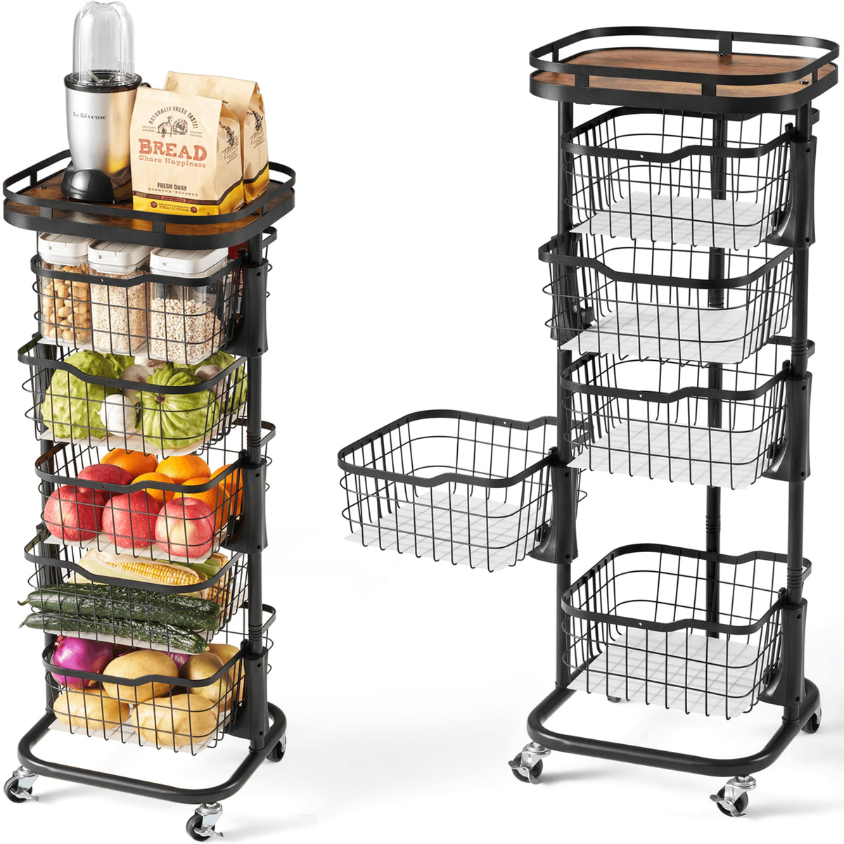 Ocyfym 5-tier rotating baskets keep fruits organized for quick kitchen access.