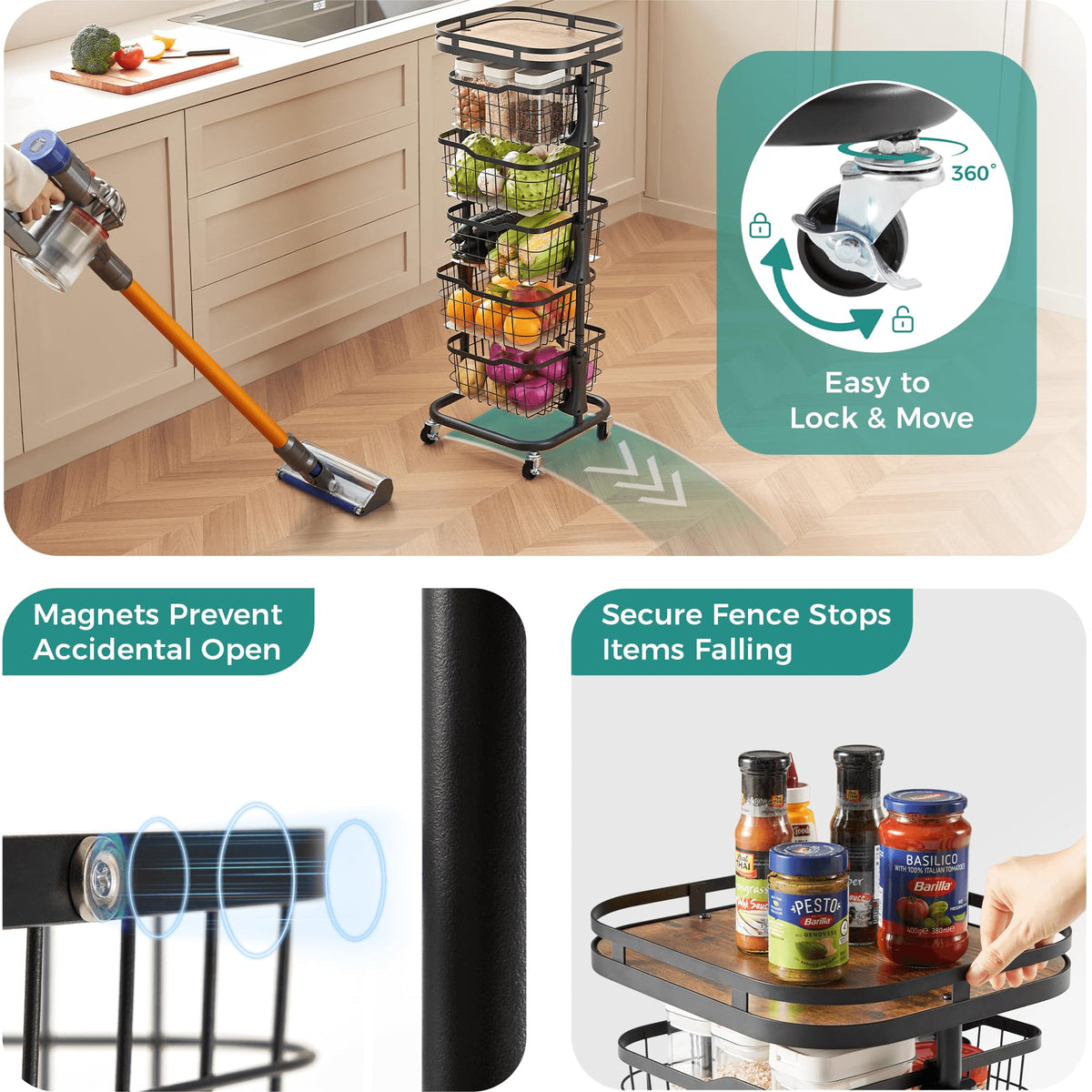 Ocyfym magnetic latches secure the cart during movement.