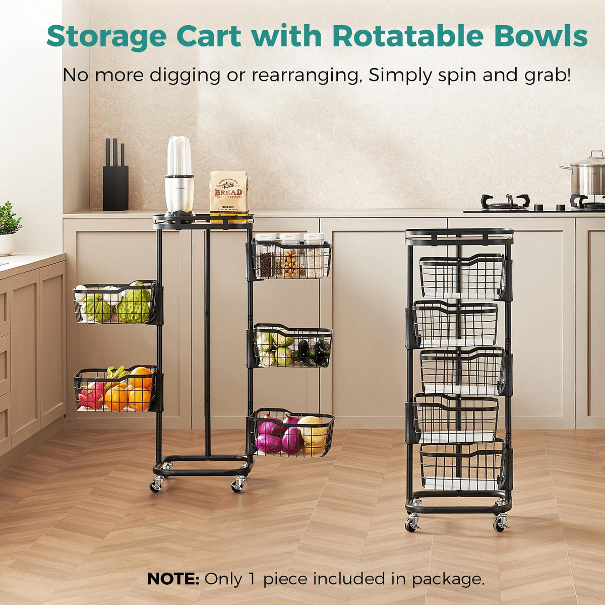 Ocyfym rolling cart wheels provide easy mobility around the kitchen.