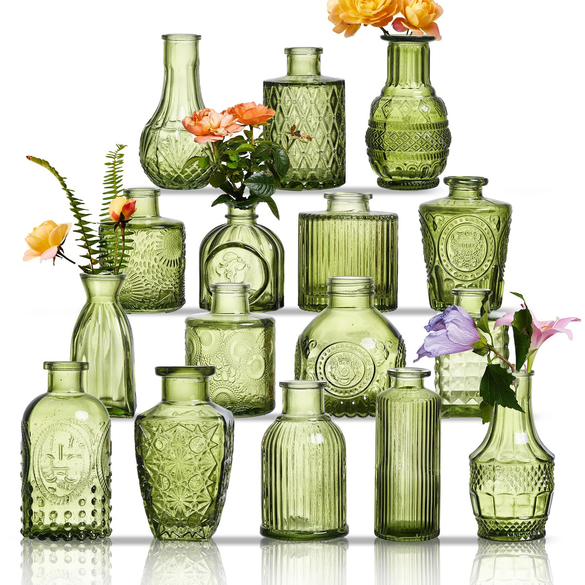 ODBCYWM Glass Bud Vases Set 16 in green assorted designs for elegant table centerpieces.