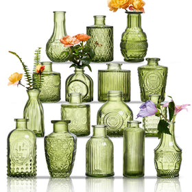 ODBCYWM Glass Bud Vases Set 16 in green assorted designs for elegant table centerpieces.