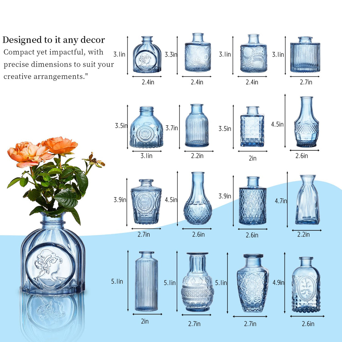 ODBCYWM crystal-clear finish highlights blooms in blue bud vases.