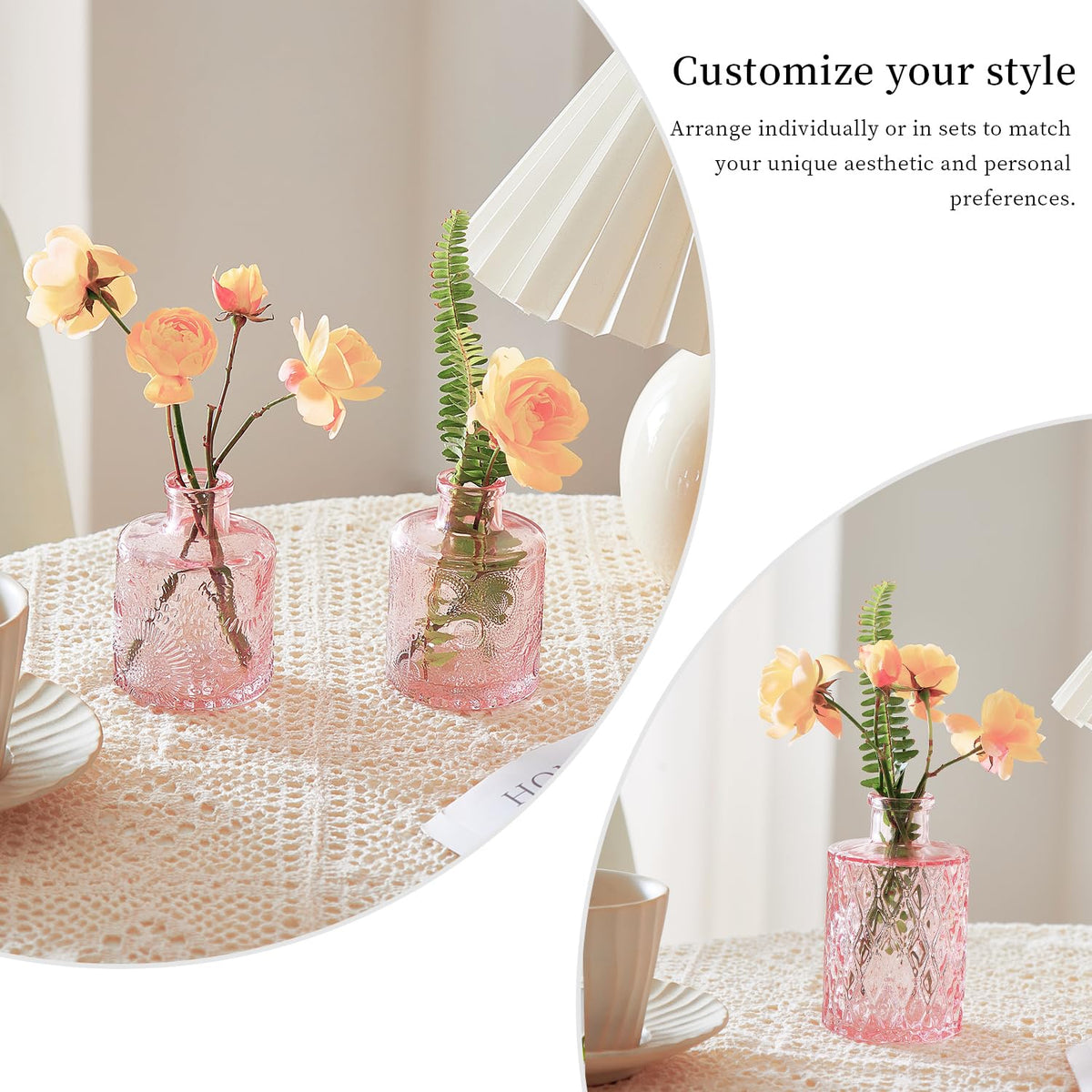 ODBCYWM assorted designs brighten coffee tables and mantels with soft pink glass.