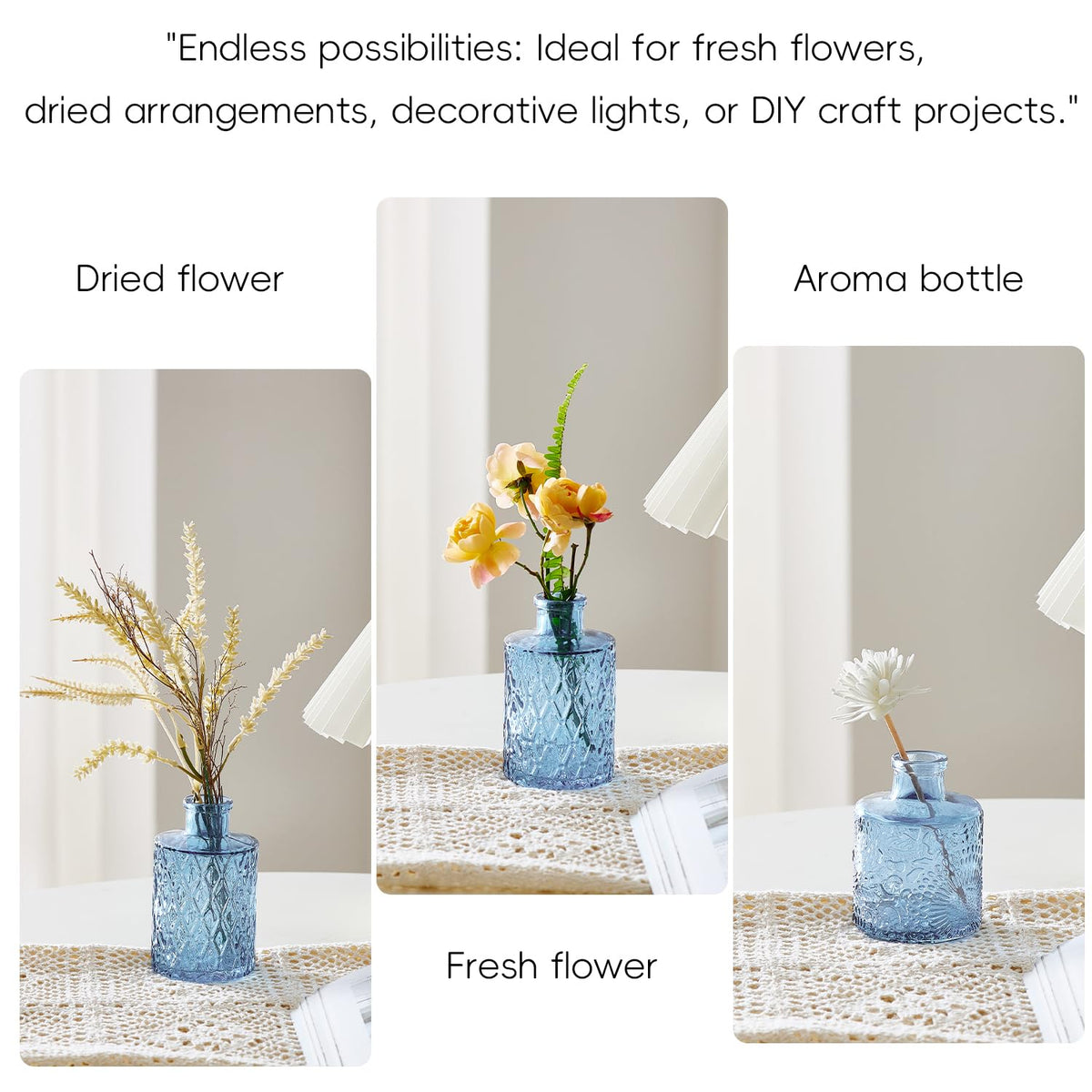 ODBCYWM wedding table centerpieces blue vases enhance ambiance and color.