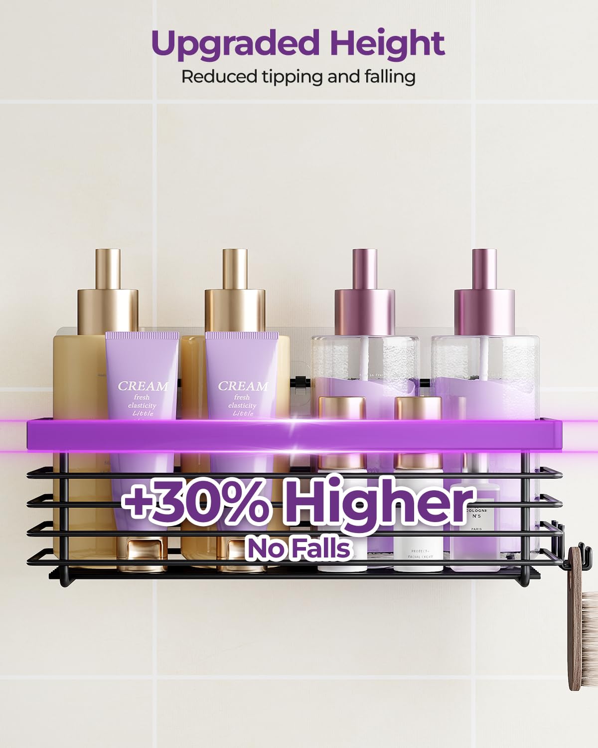 ODesign rustproof bathroom shelves keep bottles within easy reach.