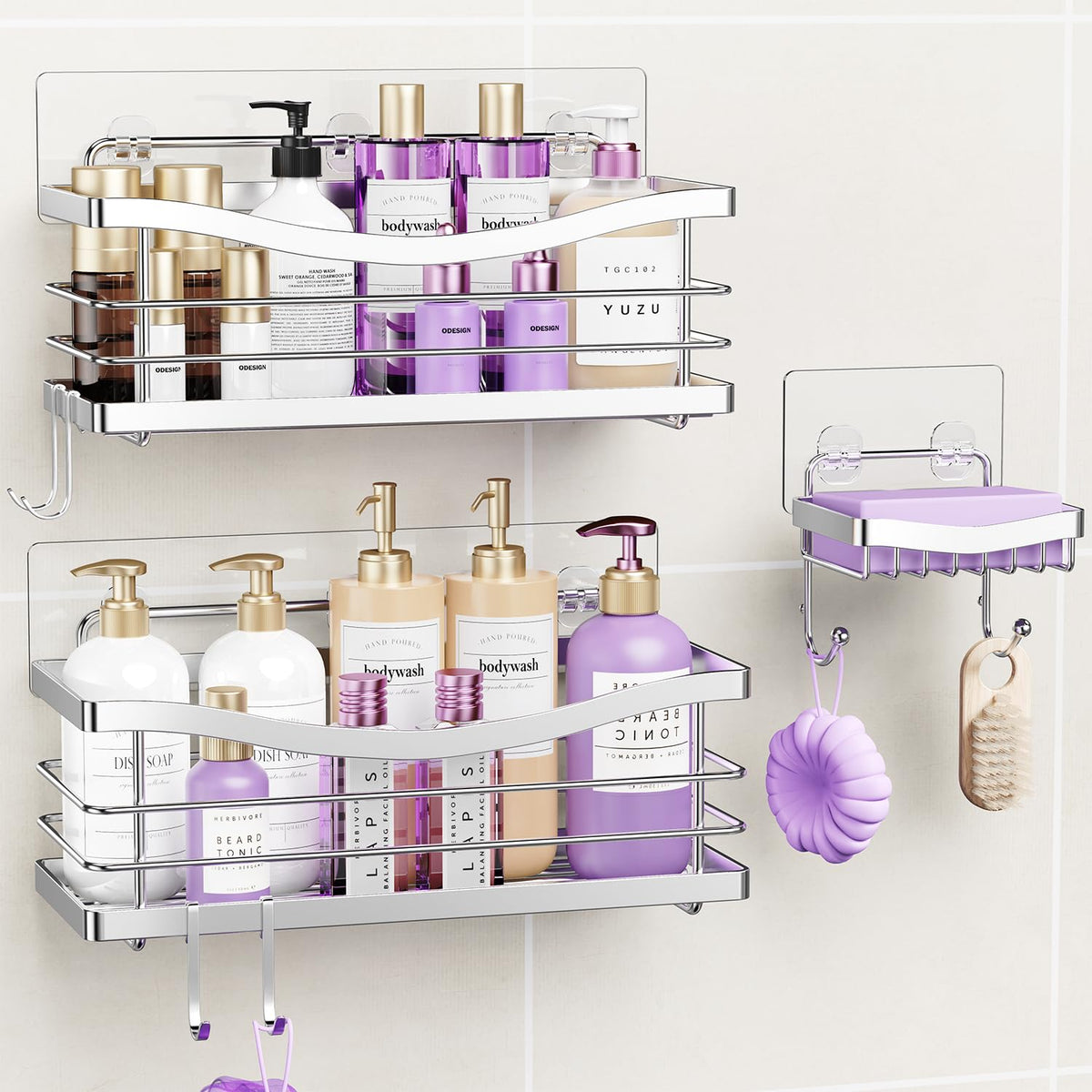 ODesign shower caddy 3-pack basket displaying ample space for shampoo bottles and soap dishes.