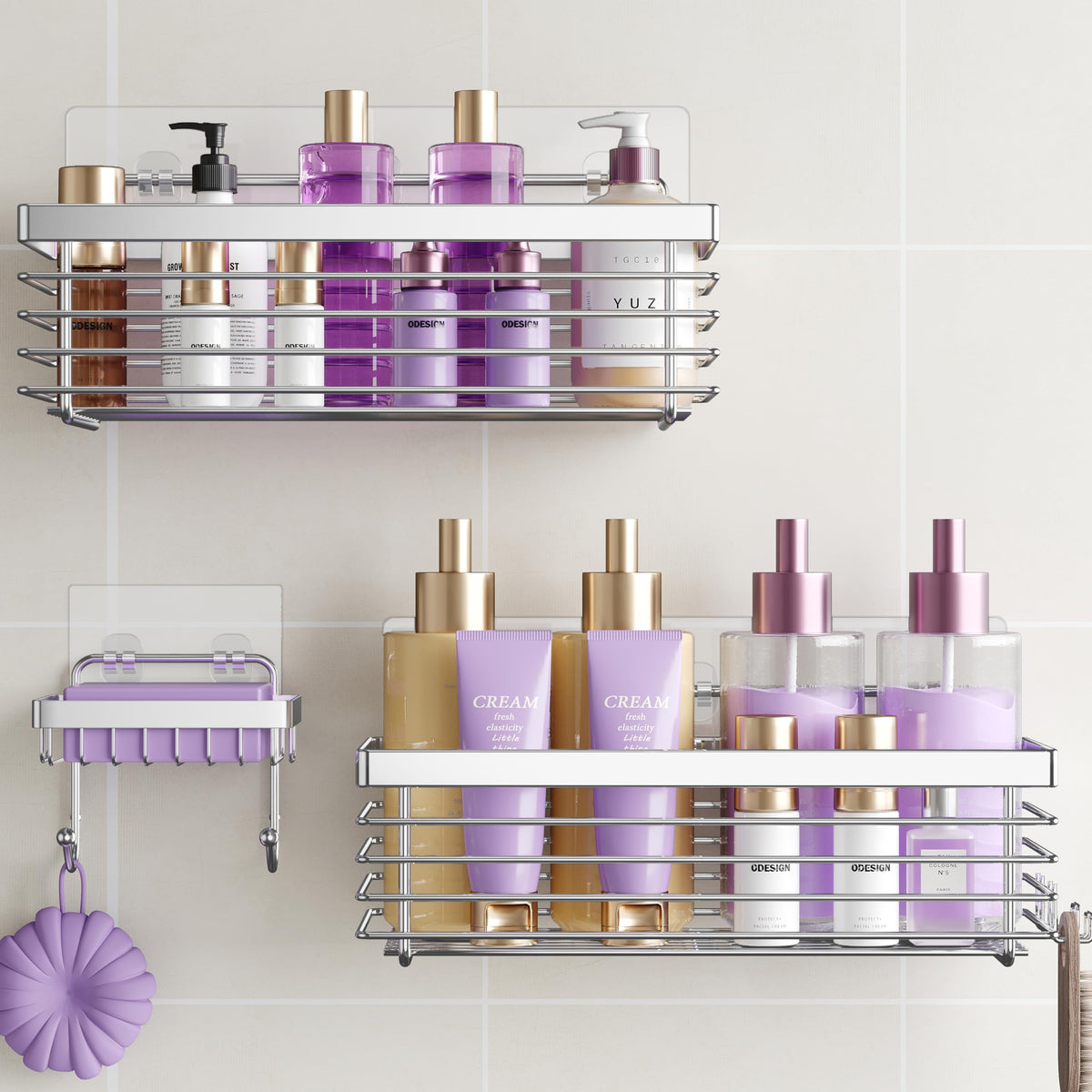 ODesign Shower Caddy 3-Pack mounted with nano-adhesive for clutter-free storage.