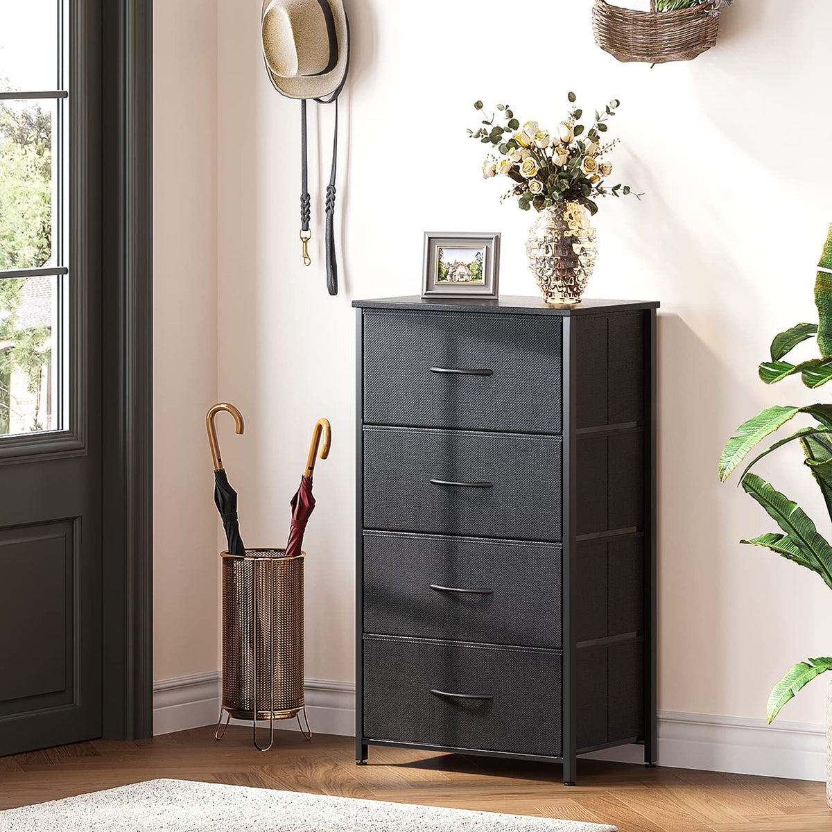 ODK dresser top surface contrasts with fabric drawers for versatile bedroom integration.
