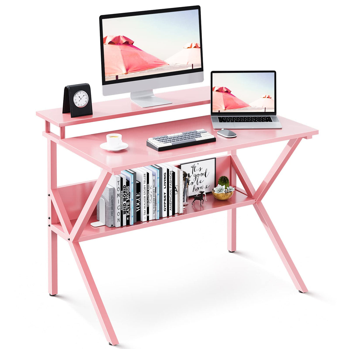 ODK small desk pink compact design, angled view for small spaces