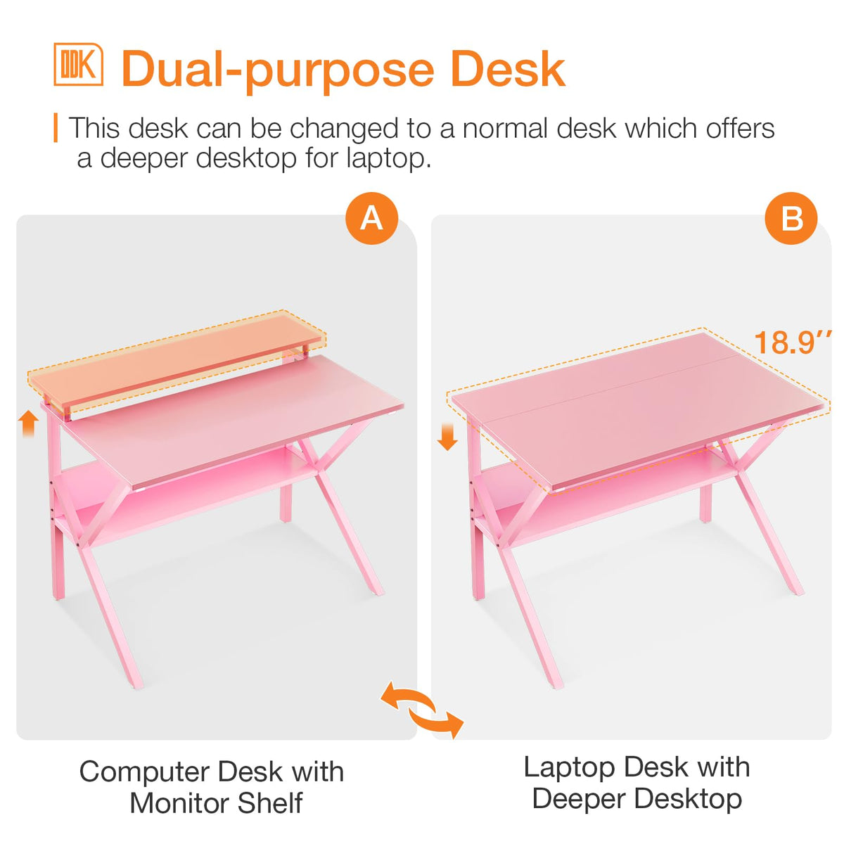 ODK small desk pink finish closeup highlights smooth surface and edge stability