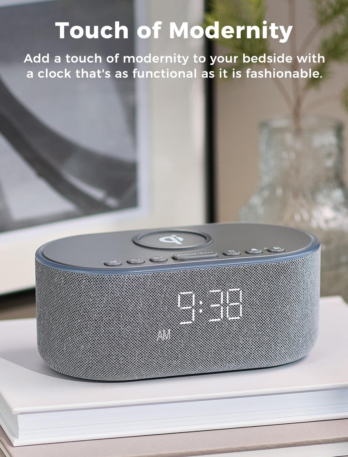 Odokee bedroom setup demonstrating organized charging and clock.