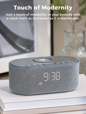 Odokee bedroom setup demonstrating organized charging and clock.