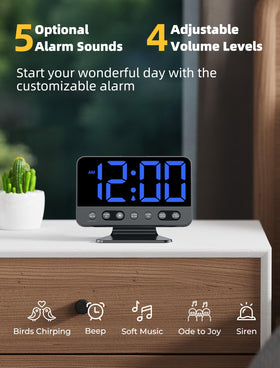 Five wake-up sounds with adjustable volume for reliable mornings
