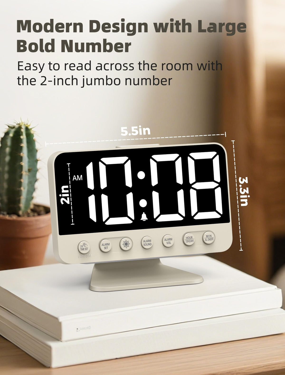 Odokee alarm clock with bright display and 5-level brightness dimmer for day and night.