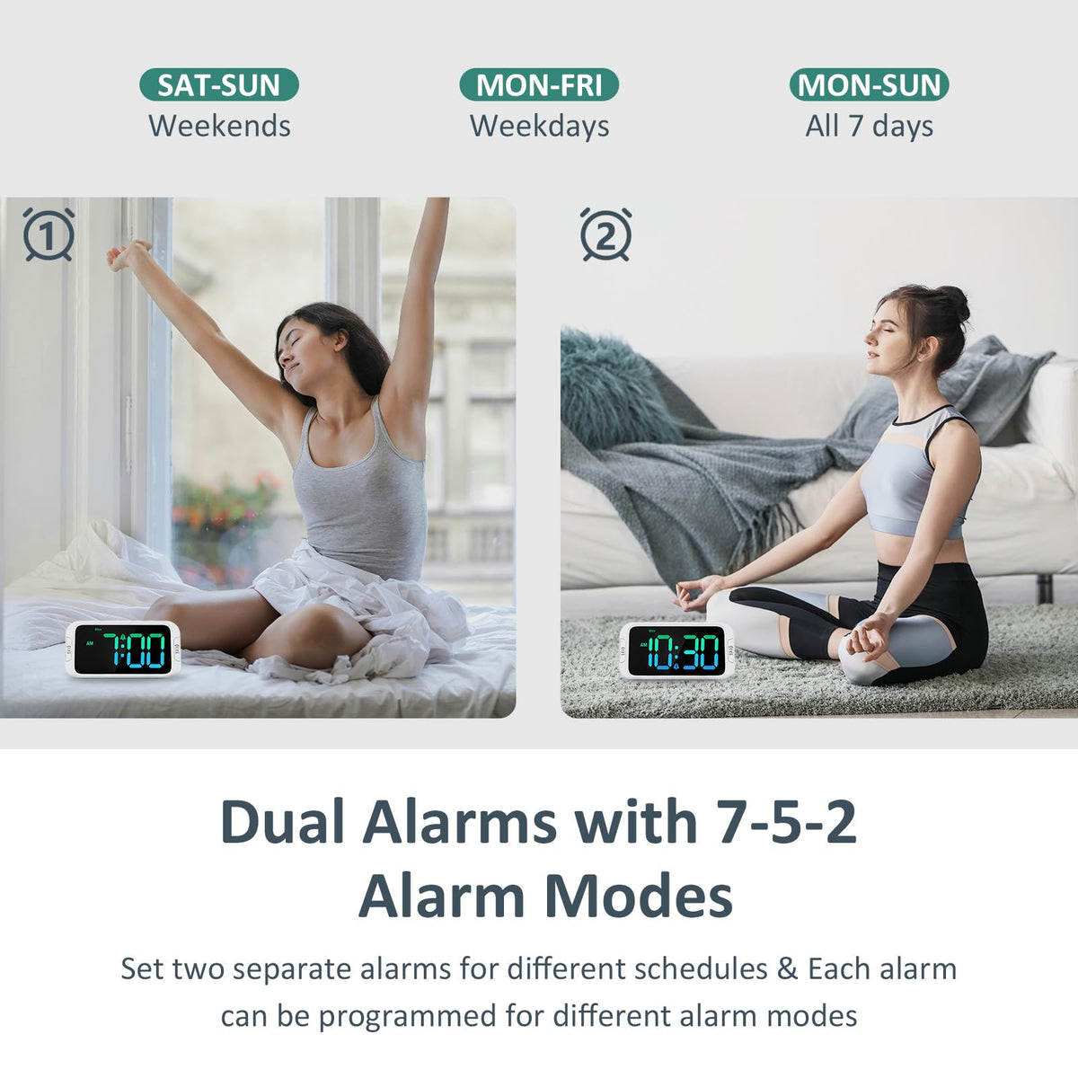 Odokee dual alarm setup illustrating weekday/weekend modes for flexible routines