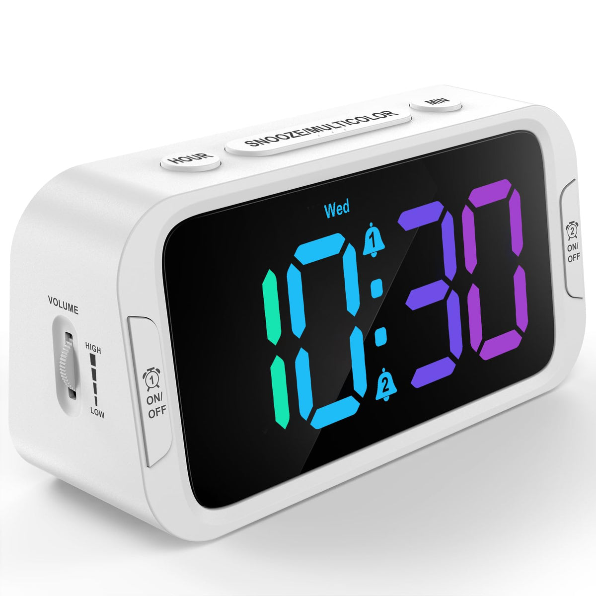 Odokee dual colorful alarm clock front view with a bright, easy-to-read display