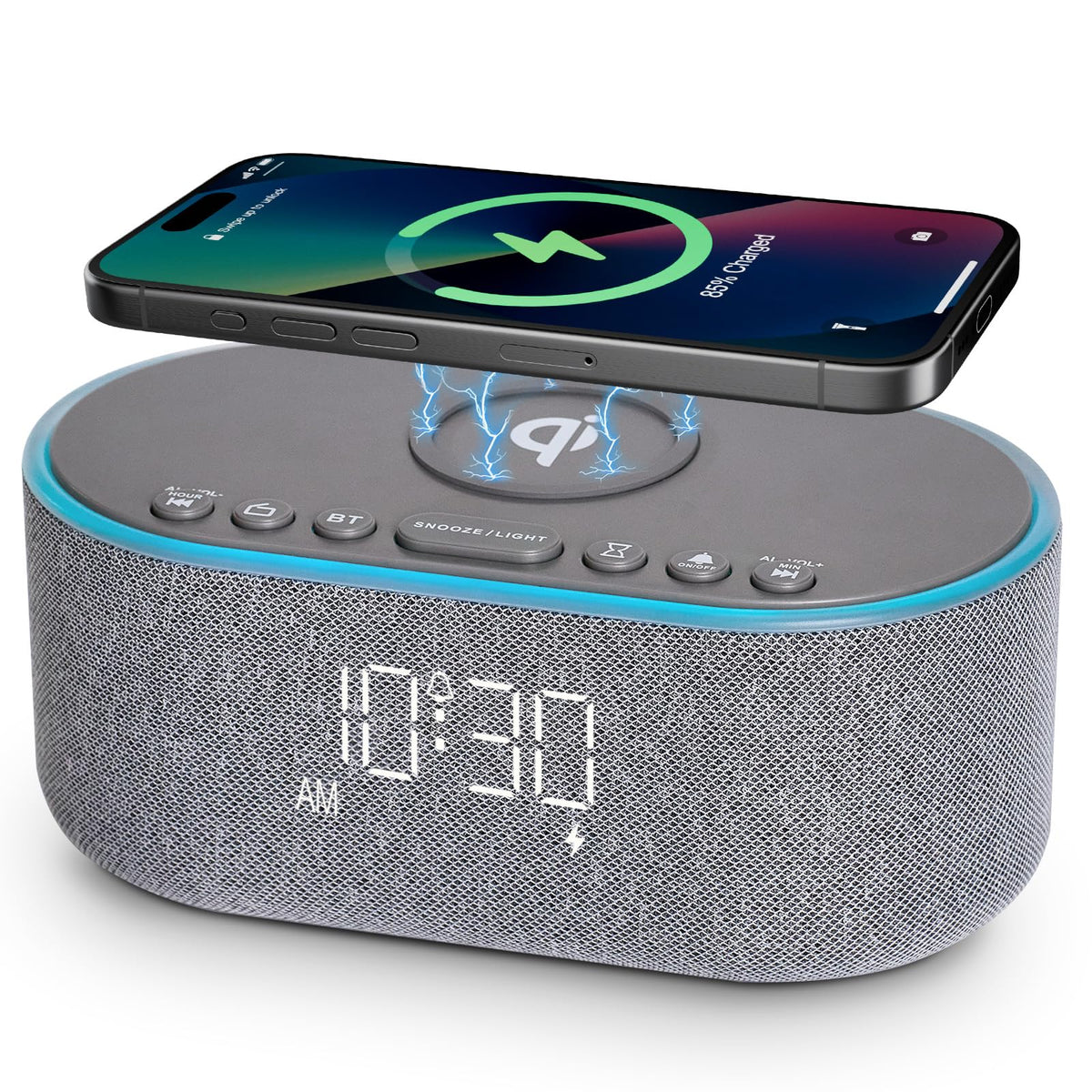 Odokee wireless charging alarm clock front view with fast charge capability.
