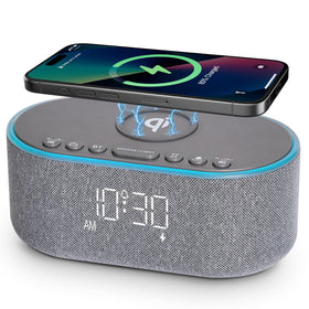 Odokee wireless charging alarm clock front view with fast charge capability.