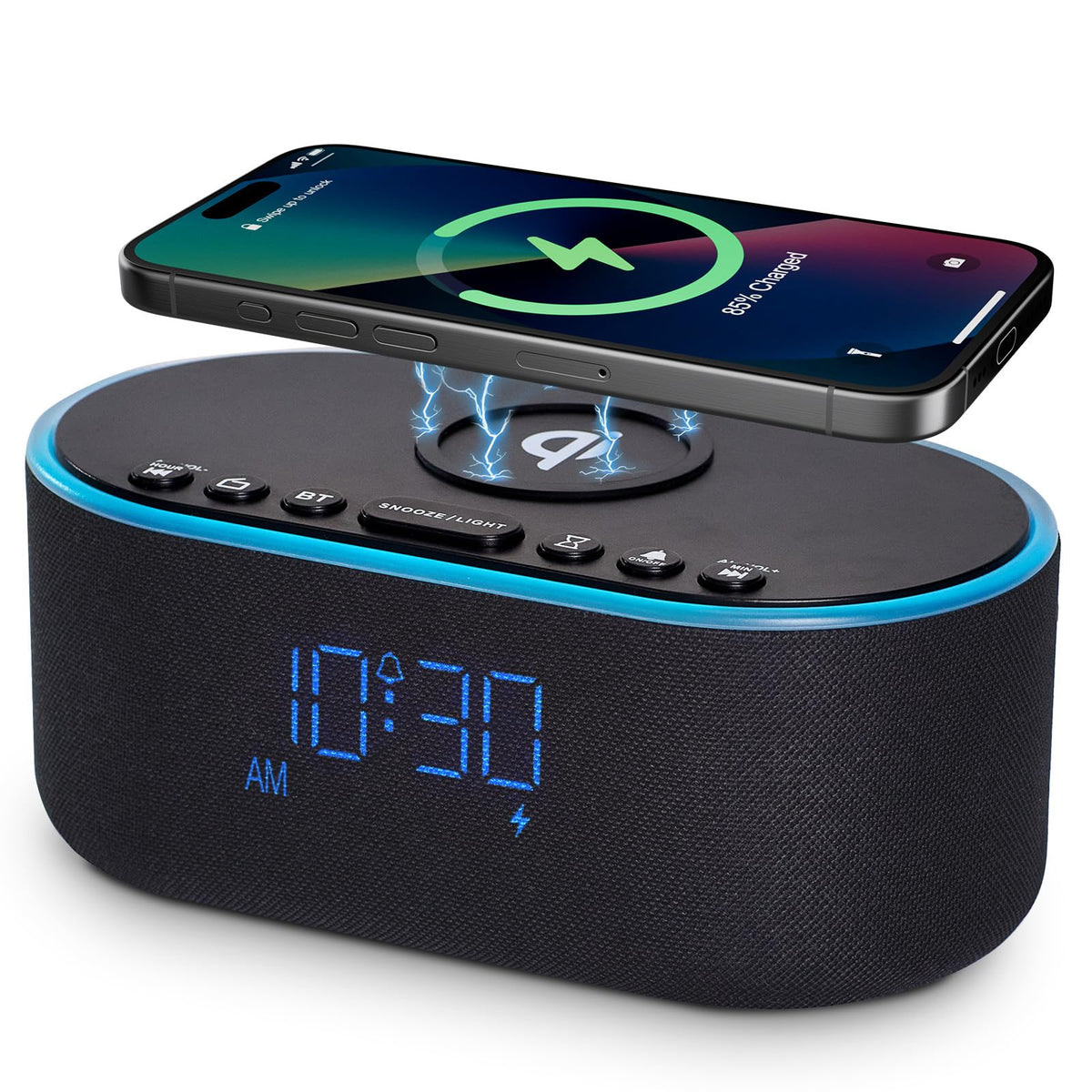 Odokee wireless charging alarm clock on a nightstand showing a phone charging