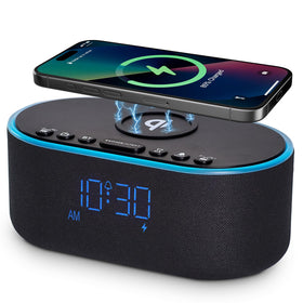 Odokee wireless charging alarm clock on a nightstand showing a phone charging