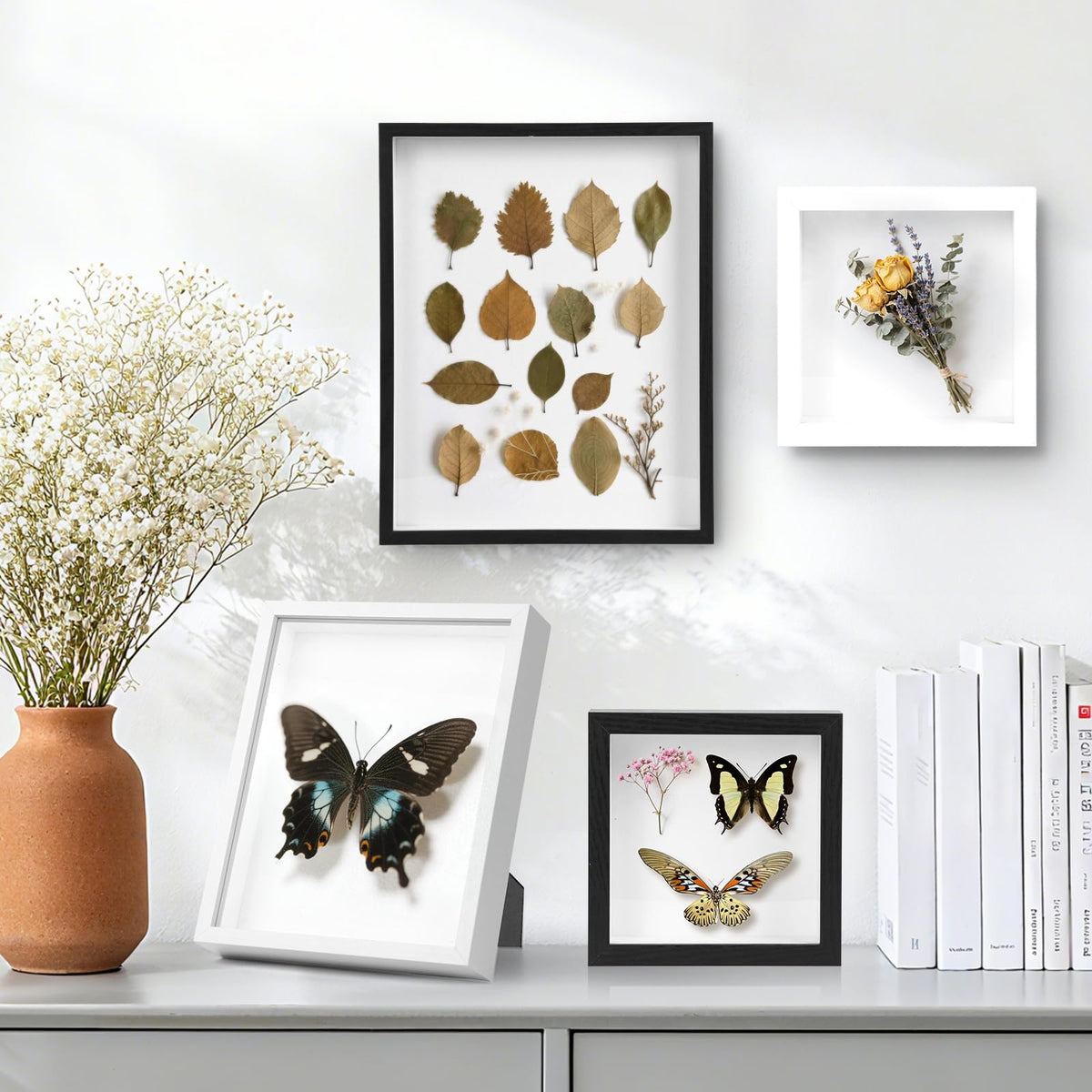 ODPF ShadowBox 6-pack white 5x5 shown with arranged keepsakes on shelf.